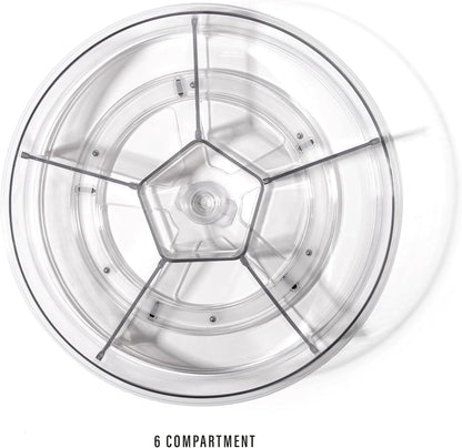 BINO Plastic Round Turntable Organizer with 6 Compartments - Clear | Spinning Divided Turntable Container | Rotating Organizer Storage for Bottle Condiments Fridge Kitchen Counter Pantry Bathroom