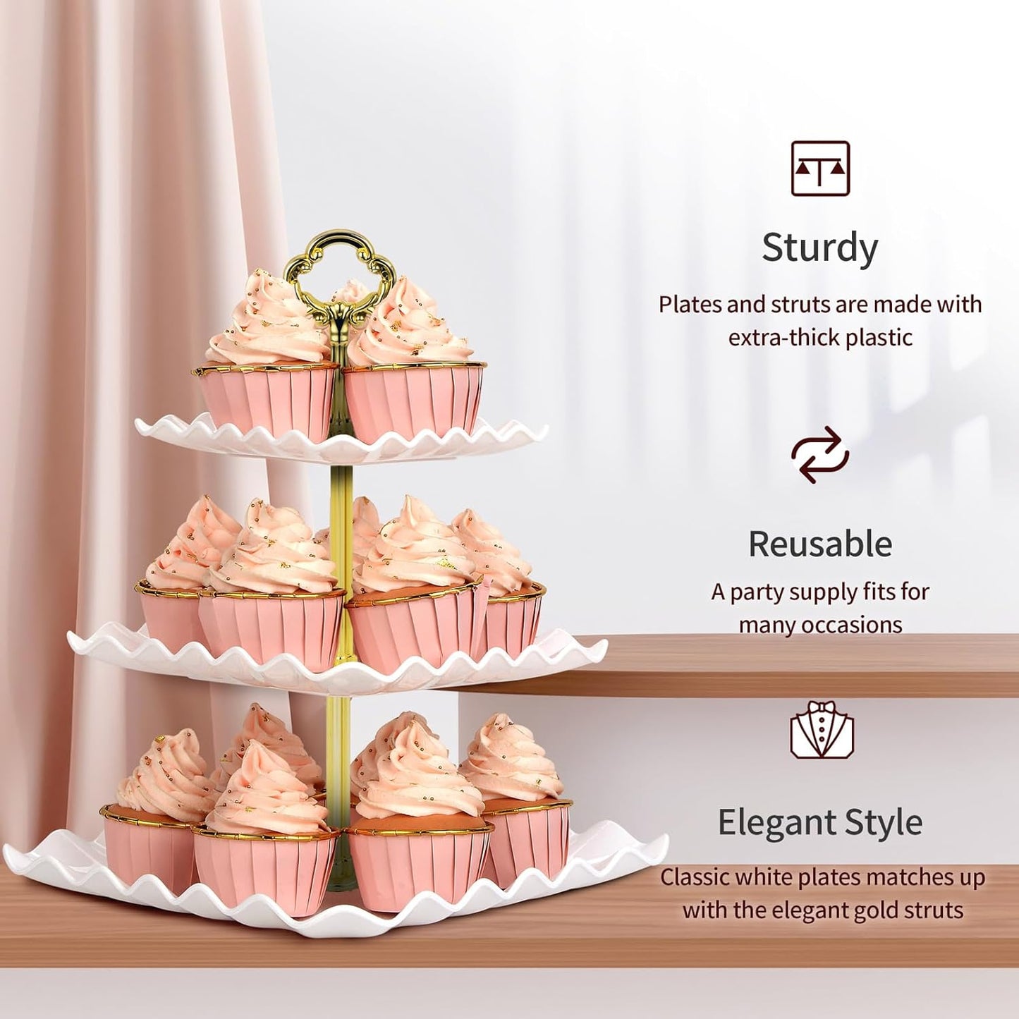 NWK 5 Piece Cake Stand Set with 2 x Large 3-Tier Cupcake Stands, 3 x Appetizer Trays, for Wedding Birthday Baby Shower Tea Party Decorations (Pink)