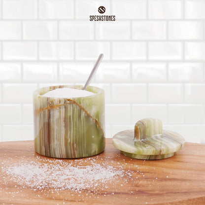 Marble Salt Cellar with Lid & Spoon 4 Inch, Green