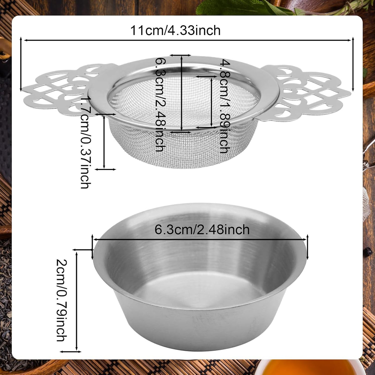 Tea Strainers with Drip Bowls, Gold, 2 Pack