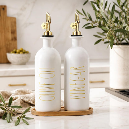 HOMCDALY Premium Olive Oil Dispenser for Kitchen, 11.8oz Glass Oil Bottles with Bamboo Tray, White Oil&Vinegar Cruet Set, Kitchen Dispenser Bottles with Pourer| Set of 2 (11.8oz –P–White)