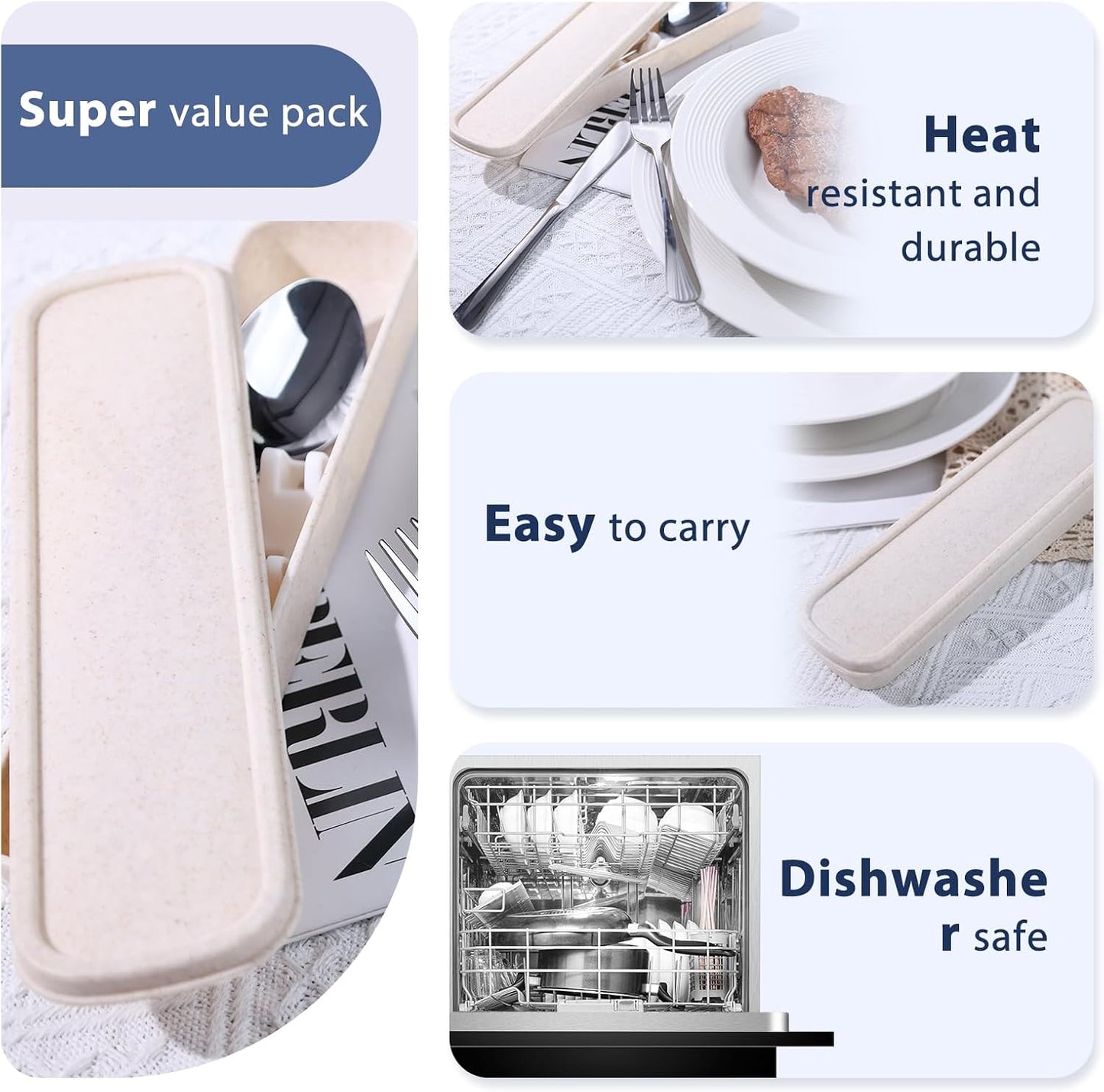 HANSGO Travel Utensils with Case, 4PCS Stainless Steel Portable Cutlery Set, Built-in Card Slot Design for Fixing Tableware, Easy-Open Lid, Lunch Box for Camping Work School, Dishwasher Safe, Beige