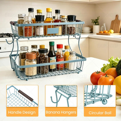 2-Tier Stackable Wire Basket with 2 Banana Hooks, Pantry Organizer for Kitchen Countertops, Cabinets & Under-Sink Spaces; Ideal for Storing Snacks, Fruits, Veggies, Onions, Potatoes, & More,Black