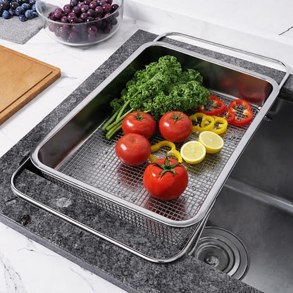 Large Adjustable Over-the-Sink Expandable Dish Drying Rack with Stainless Steel Drain Basket, Telescopic Space-Saving Kitchen Organizer for Fruits & Vegetables