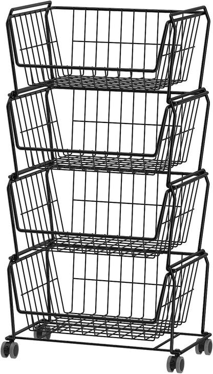 PUSDON 4-Tier Spacious Stackable Wire Storage Baskets with Wheels, Metal Rolling Utility Cart Organizer, Fruit and Vegetable Produce Basket for Kitchen Pantry, Everyday Bathroom Shelf, Silver Grey