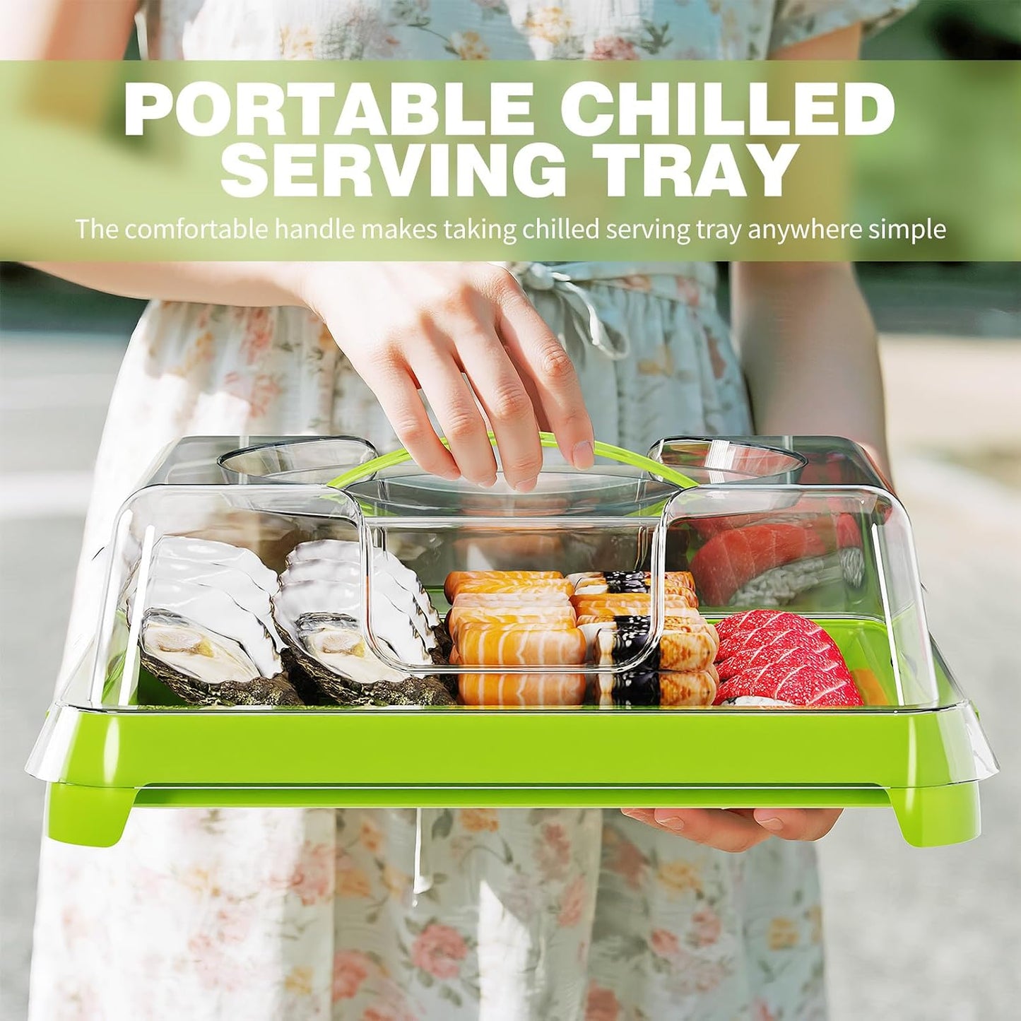 Chilled Portable Serving Tray Platterbox with Reusable Ice Pack with Lid Shrimp Cocktail Serving Dish Platter Cold Food Buffet Server for Appetizer Veggie Fruit Food Parties Outdoor Picnic, Green