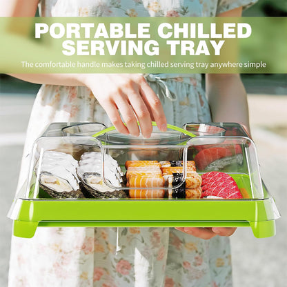 Chilled Portable Serving Tray Platterbox with Reusable Ice Pack with Lid Shrimp Cocktail Serving Dish Platter Cold Food Buffet Server for Appetizer Veggie Fruit Food Parties Outdoor Picnic, Green
