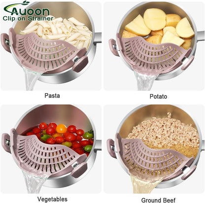 AUOON Clip On Strainer Silicone for All Pots and Pans, Pasta Strainer Clip on Food Strainer for Meat Vegetables Fruit Silicone Kitchen Colander