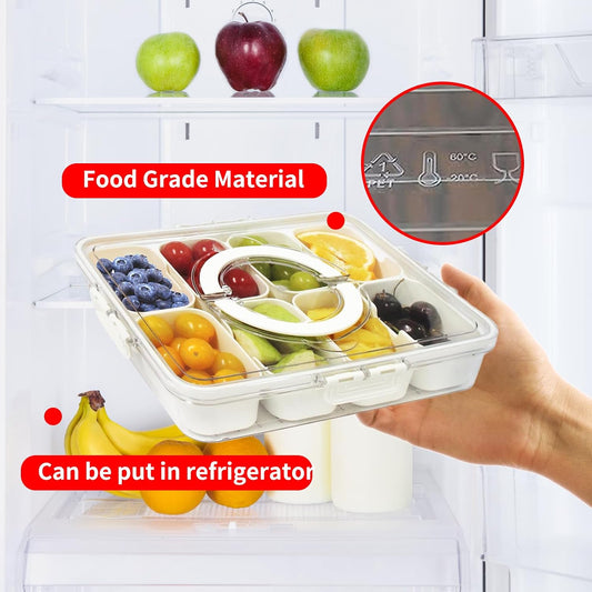 Divided Serving Tray with Lid & Handle, Plastic Portable Food Storage Container Snack Platters, 8 Removable Compartment Box for Parties, Reusable Appetizer Clear Organizer for Veggie, Candy, Fruit,Nut