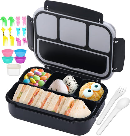 QQKO Bento Lunch Box for Kids Girls Boys, Toddler Kids Lunch Boxes for School, Lunch Containers for Adults with 4 Compartments, Sauce Container, Utensils, Food Picks and Muffin Cups, Purple