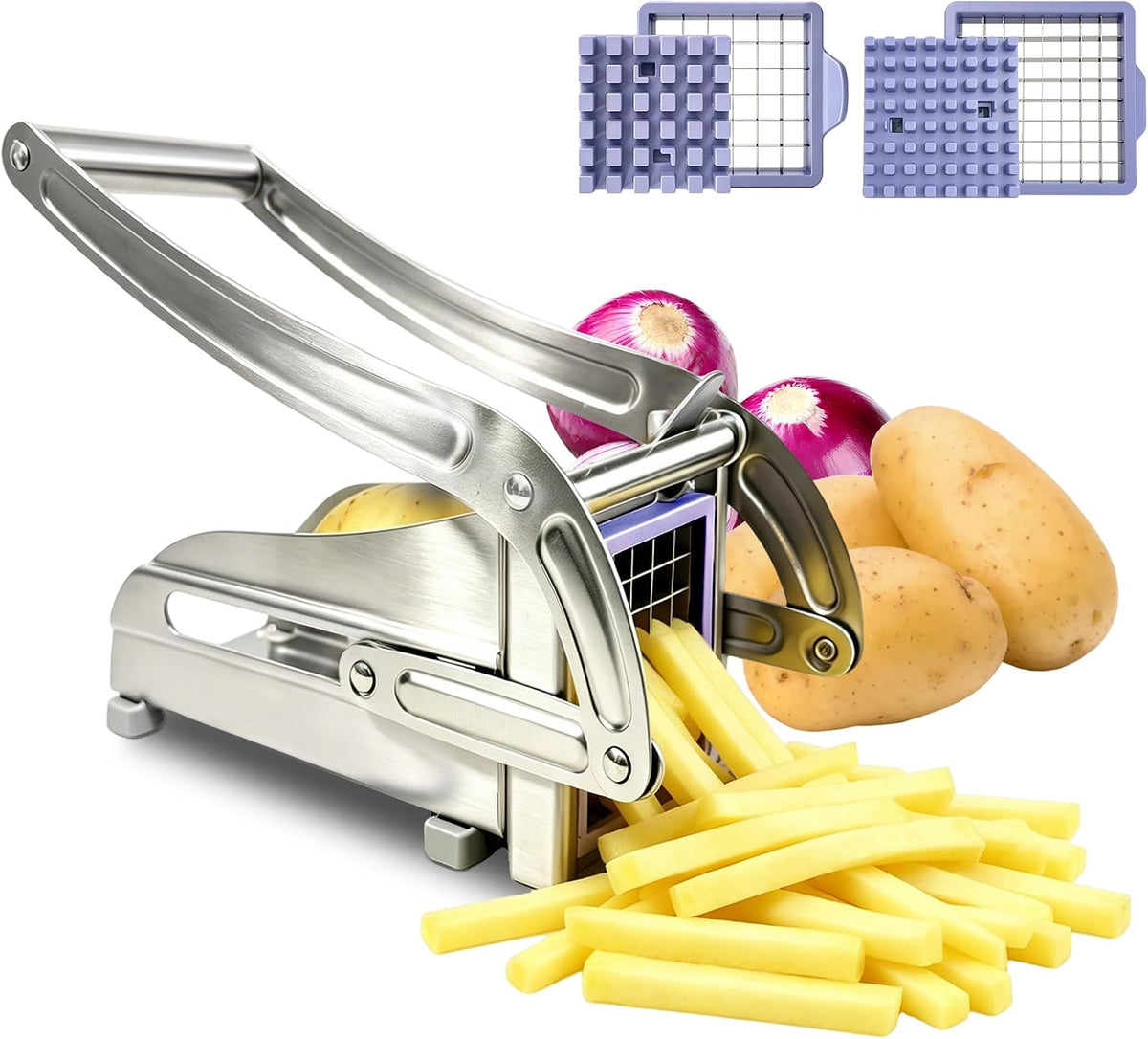 Household stainless steel fry slicer, 64-hole and 36-hole potato slicer with replaceable heavy-duty blades, suitable for household, kitchen, restaurant, and commercial use