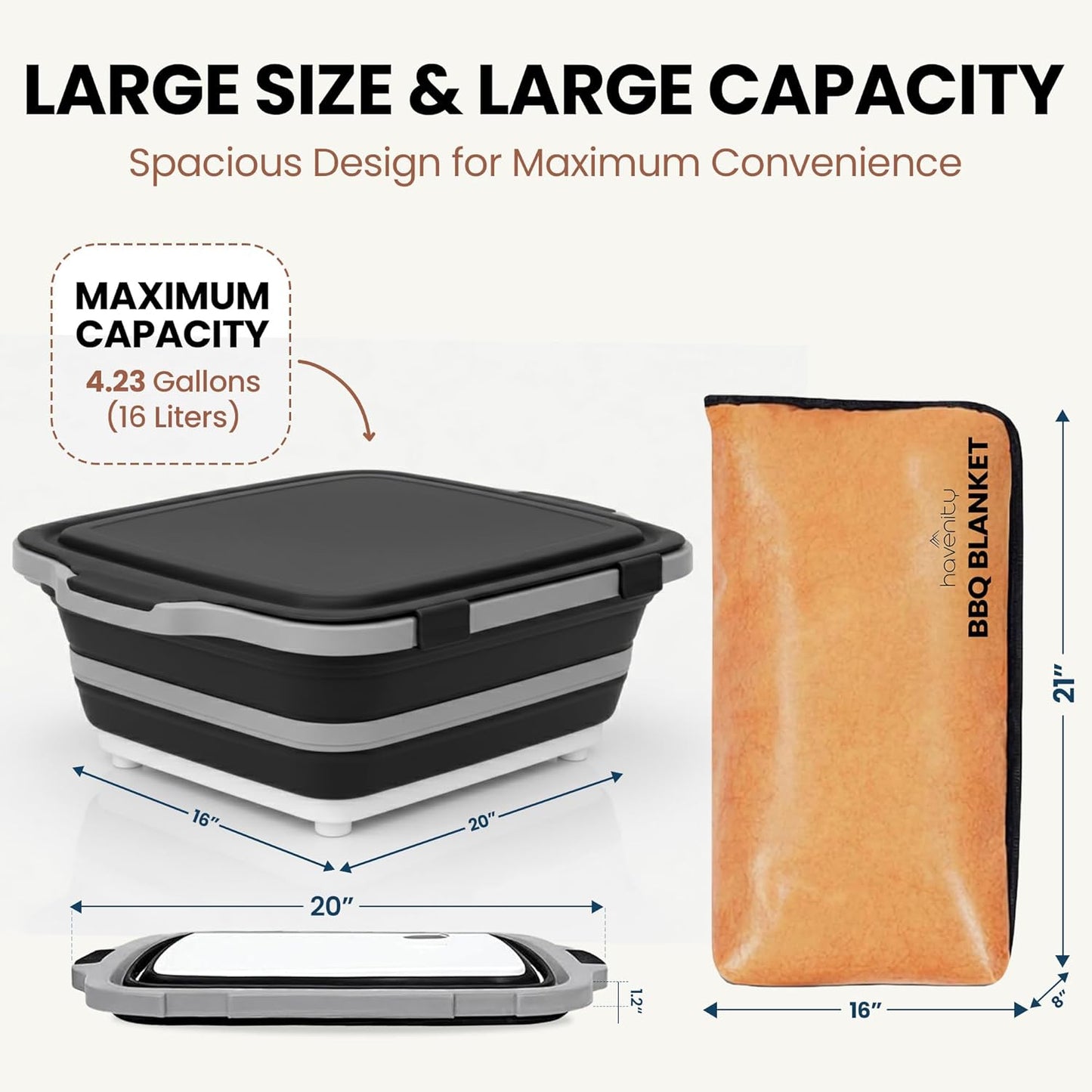 BBQ Prep Tub with BBQ Blanket, 16L Multifunctional Camping Cutting Board with Locking Lid, Reusable Meat Resting Bag for Smoking, Collapsible Dish Basin for Marinating Food (Large 16L)