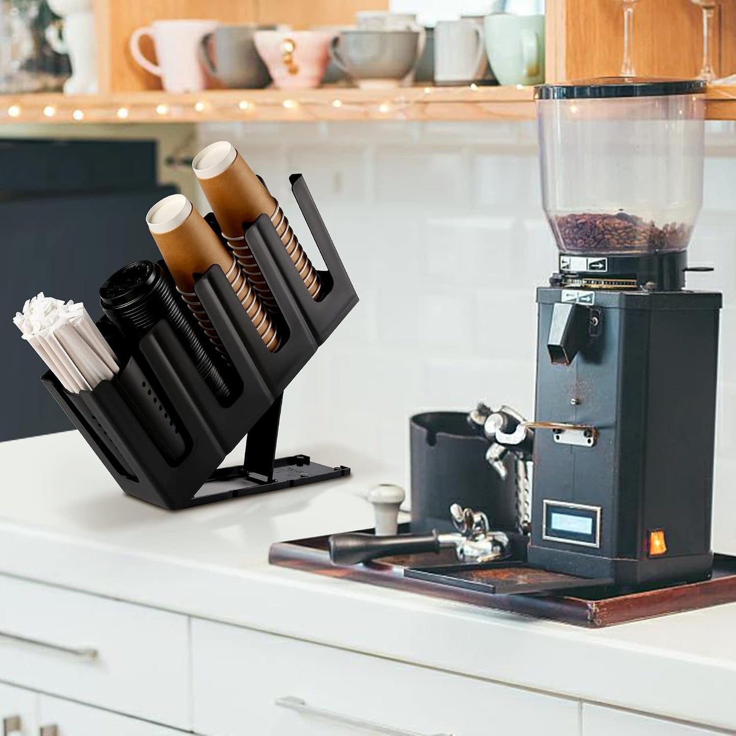 Paper Cup and Lid Holder with Straw Organizer, Disposable Coffee Cup Dispenser for Countertop Coffee Station Bar Restaurant Breakroom, Black