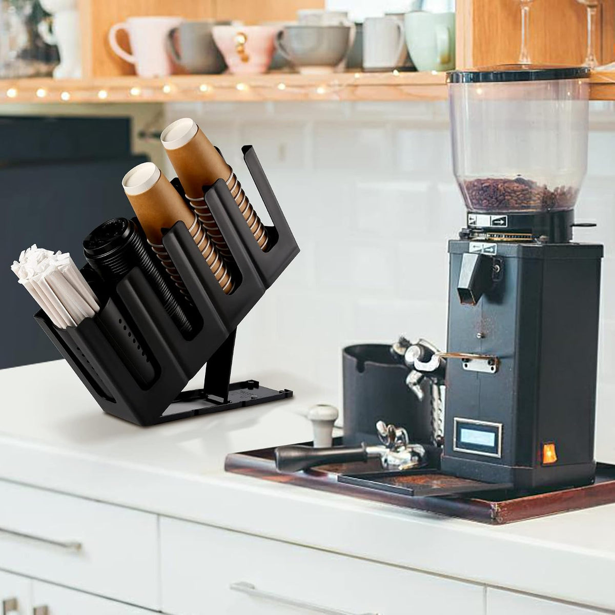 Paper Cup and Lid Holder with Straw Organizer for Coffee Station