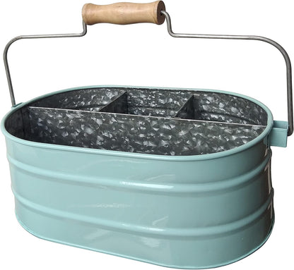 Galvanized Metal Caddy with 4 Compartments, Rustic Farmhouse Kitchen Picnic Utensil Holder, Multipurpose Storage Bin, Metal Garden Planters - 12 Inch - Antique Natural