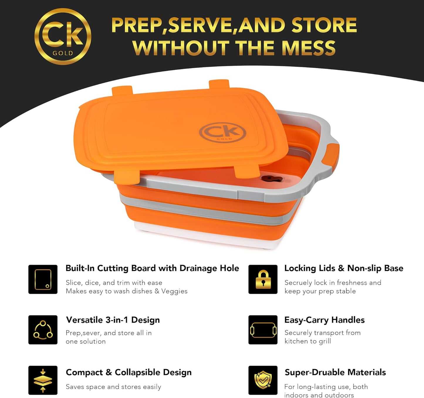 New XL Collapsible BBQ Prep Tub with LOCKING Lid, Cutting Board & Drain Hole | BPA-Free, Food-Grade, Space-Saving Prep Tubs for Marinating, Grilling, Camping & Outdoor Cooking (Black, 16L)