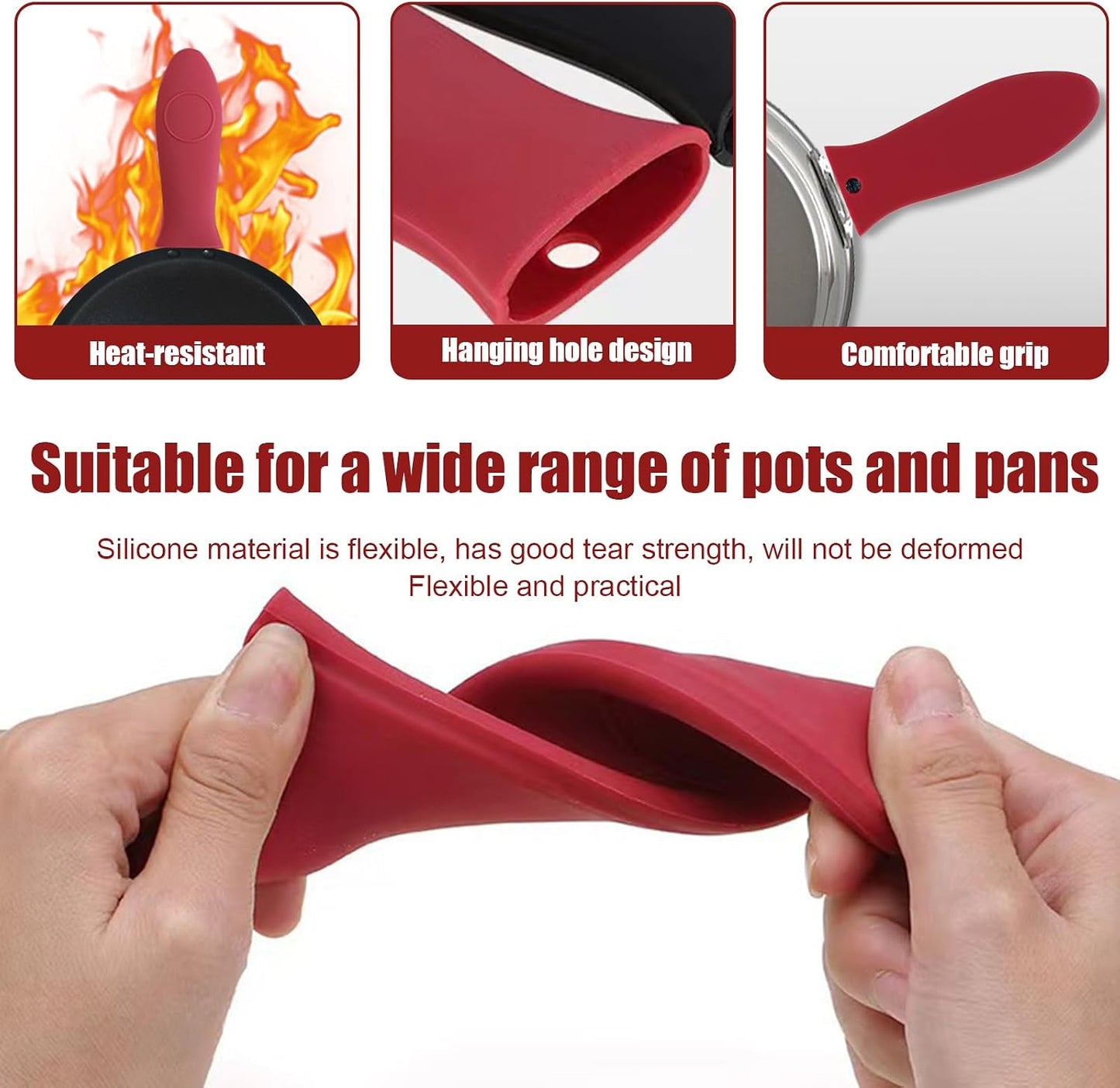 2 Pack Silicone Pan Handle Sleeve, Heat Resistant Cast Iron Skillet Handle Covers for Pots and Pans, Assist Handle Holder Grip for Kitchen Frying Griddles Cookware (Red & Black)
