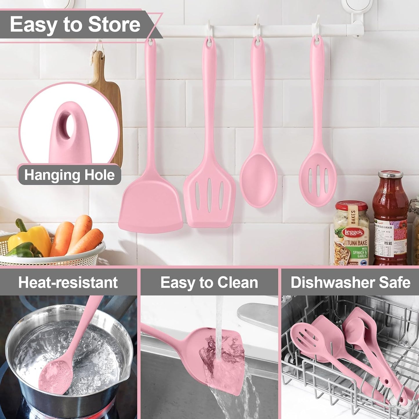 P&P CHEF Kitchen Utensil Set, 4 Pieces Non-stick Silicone Cooking Utensils, Heat-resistant Slotted Solid Spoon Turner for Frying, Mixing, Serving, Non-toxic & Easy to Clean, Blue