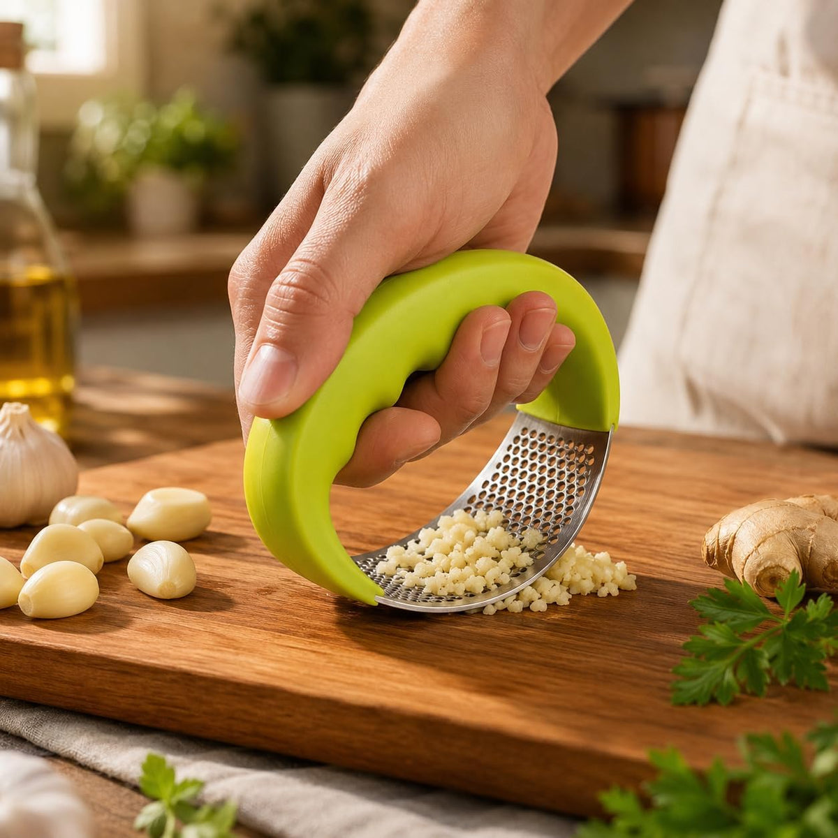 Stainless Steel Rolling Garlic Press with Ergonomic Handle