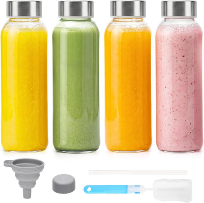 Glass Juice Bottles with Lids 10 oz, 6 Pack Reusable Small Glass Bottles with Stainless Steel Caps & Straws, BPA-Free Leak proof Juice Bottle Containers for Juicing, Milk, Smoothies & Fridge