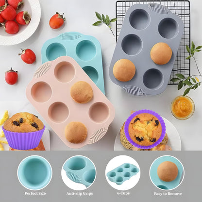 3 Pack 6 Cup Silicone Muffin Pan Set with 18 Reusable Silicone Baking Cups,Nonstick Silicone Cupcake Pan for Baking Muffins,Cupcakes,Easy Release & Dishwasher Safe