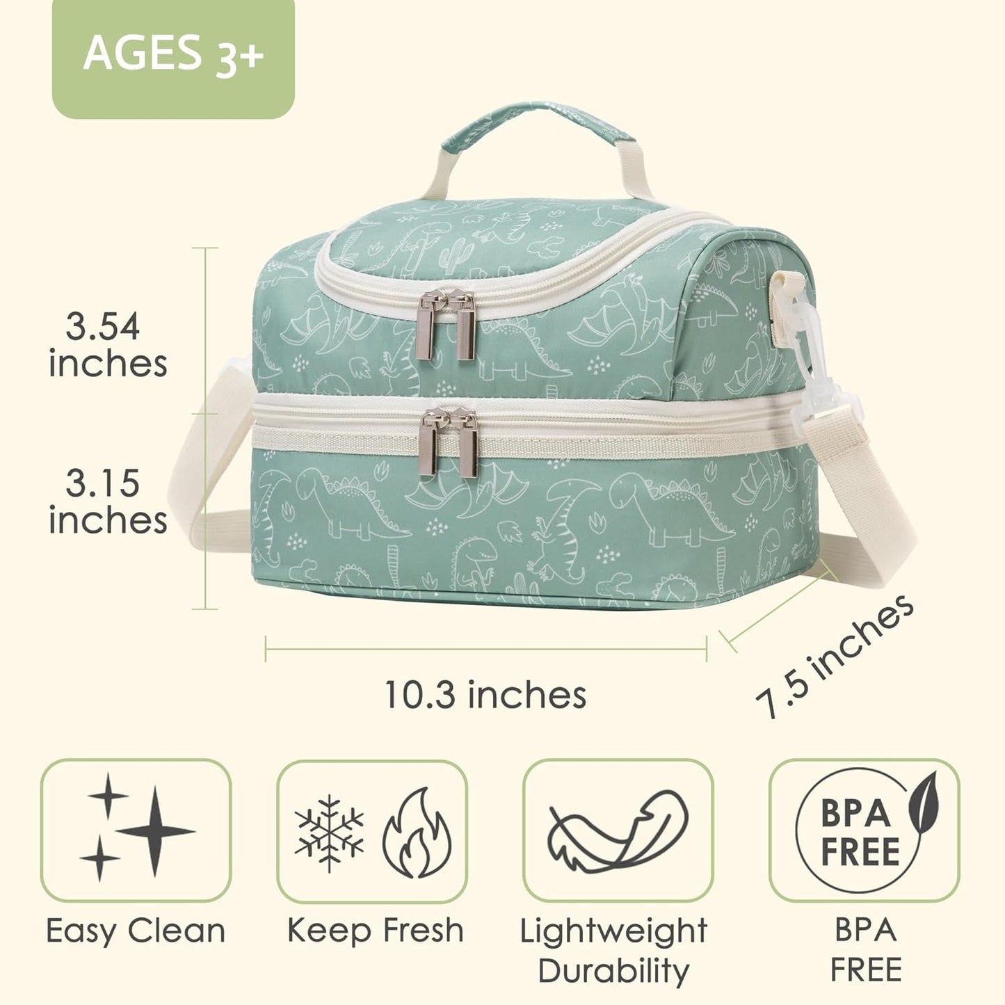 Insulated Kids Dual Compartment Lunch Bags Tote Pack for Girls Boys Toddler Kindergarten School Picnic Cooler Thermal Lunch Boxes with Strap (Green Rainbow)