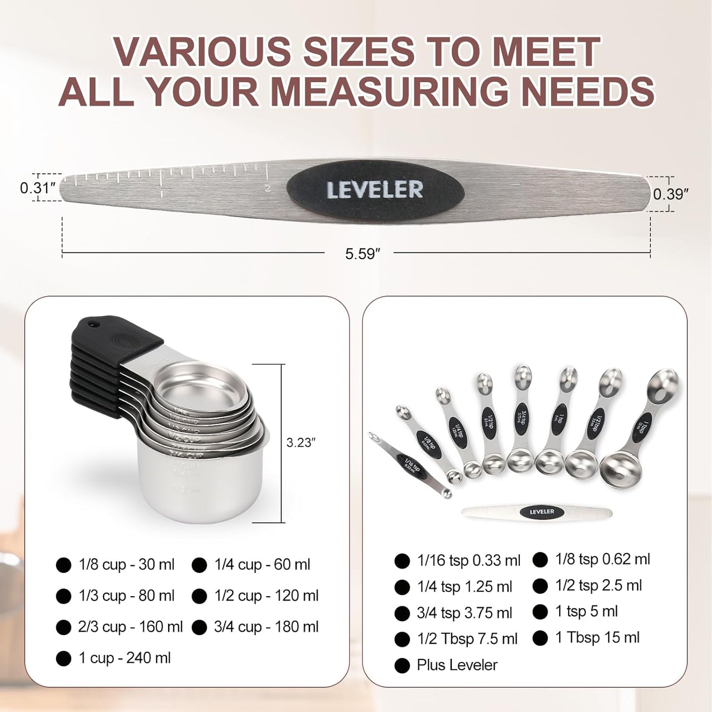 16-Piece Stainless Steel Measuring Cups and Spoons Set, Strong Magnetic Nesting Design 7 Cups 8 Spoons with Leveler, Double Measurement Markings for Dry & Liquid Ingredients, Gold