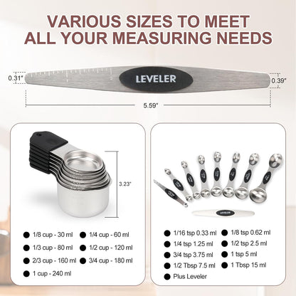 16-Piece Stainless Steel Measuring Cups and Spoons Set, Strong Magnetic Nesting Design 7 Cups 8 Spoons with Leveler, Double Measurement Markings for Dry & Liquid Ingredients, Gold