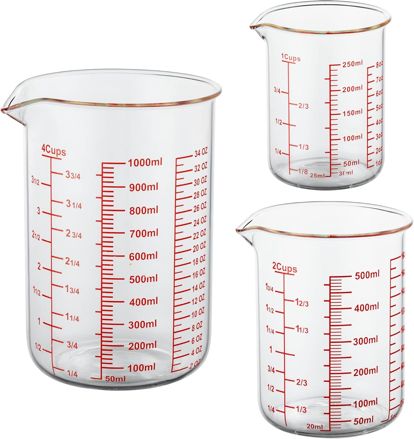 3 Piece Glass Measuring Cup Set, Includes 1/2-Cup, 1-Cup, and 2-Cup High Borosilicate Glasss Liquid Measuring Cups, Dishwasher, Freezer, Microwave, and Preheated Oven Safe, Essential Kitchen Tools
