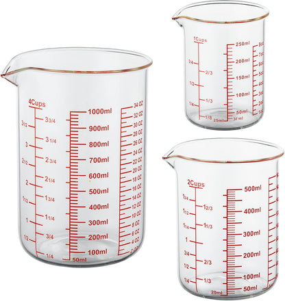3 Piece Glass Measuring Cup Set, Includes 1/2-Cup, 1-Cup, and 2-Cup High Borosilicate Glasss Liquid Measuring Cups, Dishwasher, Freezer, Microwave, and Preheated Oven Safe, Essential Kitchen Tools