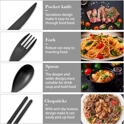 Large Reusable Travel Utensils Set with Case, Plastic Set for Adults Travel Picnic Camping, Portable Flatware Cutlery Set with Chopsticks for Daily Use(Black)