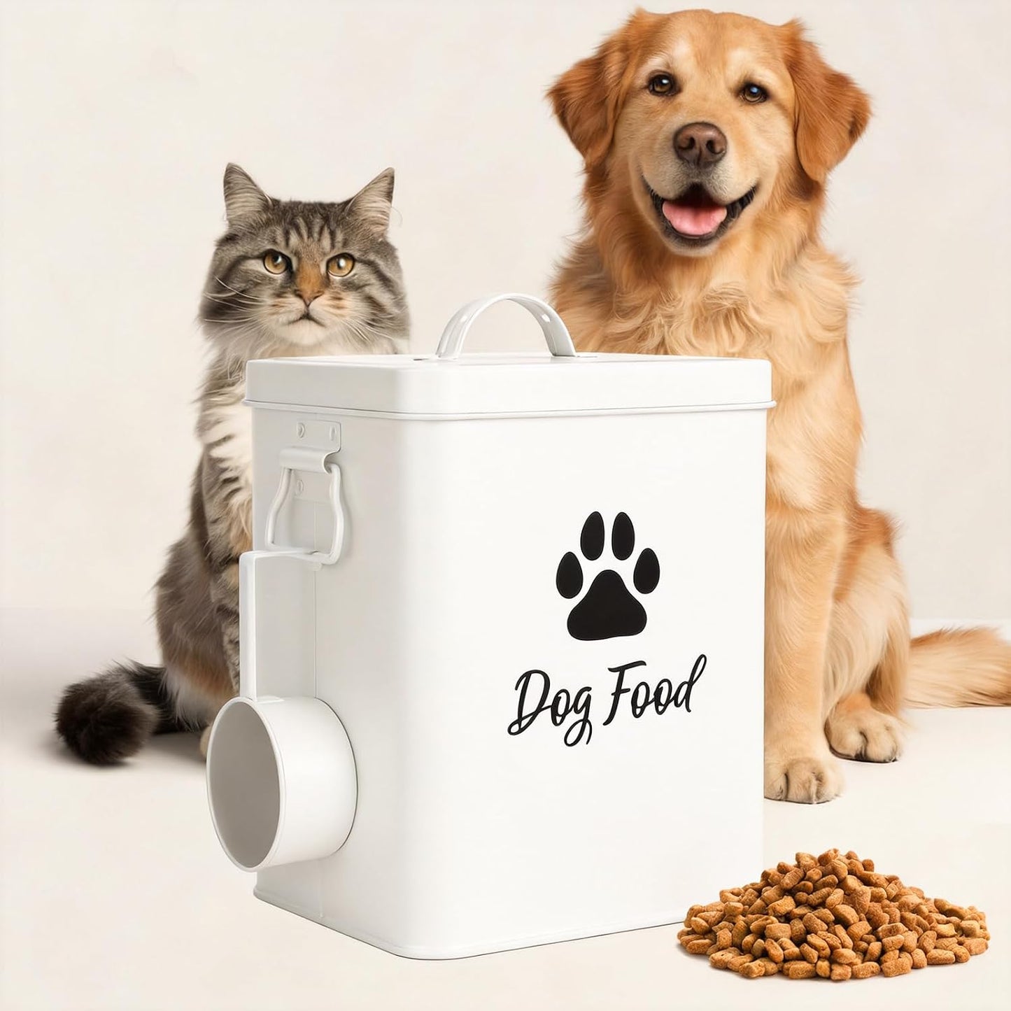 Dog Food Container 13lb, Cute Airtight Pet Food Storage Containers with Metal Lid Scoop, Black Metal Storage Bin for Dog/Cat with Wheels,Easy to Move