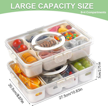 2 Pack Divided Serving Tray with Lid and Handle, 12 Compartments Snackle Box Container for Portable Snack Platters Large Clear Organizer for Picnic Snacks to Go Dishwasher Safe