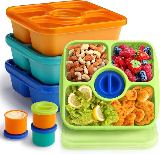 Bento Snack Box Containers for Adults Kids, 4 Pack Lunchable Meal Prep Containers Reusable, Stackable Bento Lunch Box, Food Storage Prep Containers with Lids and 4 Sauce Cups, Pastel Color, Clear Lid