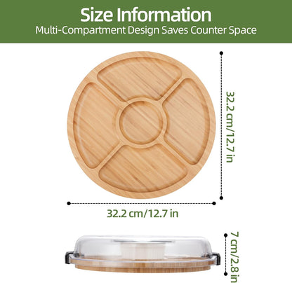YANG Charcuterie Board with Lid, Divided Bamboo Serving Tray with Handle & Locking Lid, Portable Serving Platter for Party Outdoor Picnics Camping Gift Ready (6 Compartments,Round)