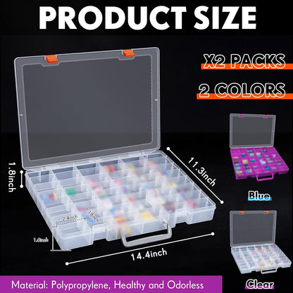 Juexica 2 Pcs Large 48 Grids Plastic Storage Bead Organizer Box, Tackle Box, Compartment Organizer Container with Adjustable Dividers for Jewelry Art Crafts Toys Screw Small Parts(Clear)
