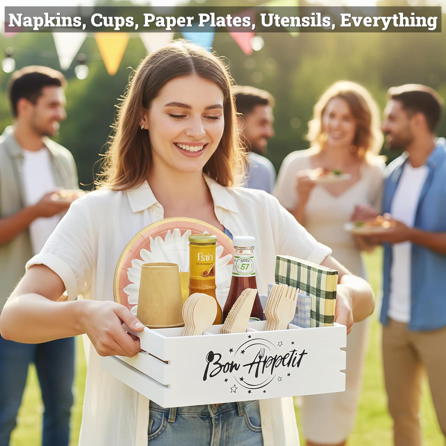 Utensil Holder for Party Farmhouse Crate Look - White Napkin Paper Plate Dispenser for Countertop - Silverware Caddy for Plate, Cup, Fork, Spoon - Flatware Box Organizer for Outdoor Camping Picnic