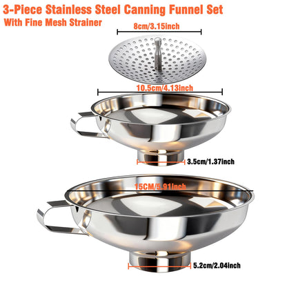 3-Piece Canning Funnel Set with Mesh Strainer - Wide & Regular Mouth Mason Jar Funnels (Large & Small) - for Kitchen, Jam, Spices, Flour & DIY - Stainless Steel