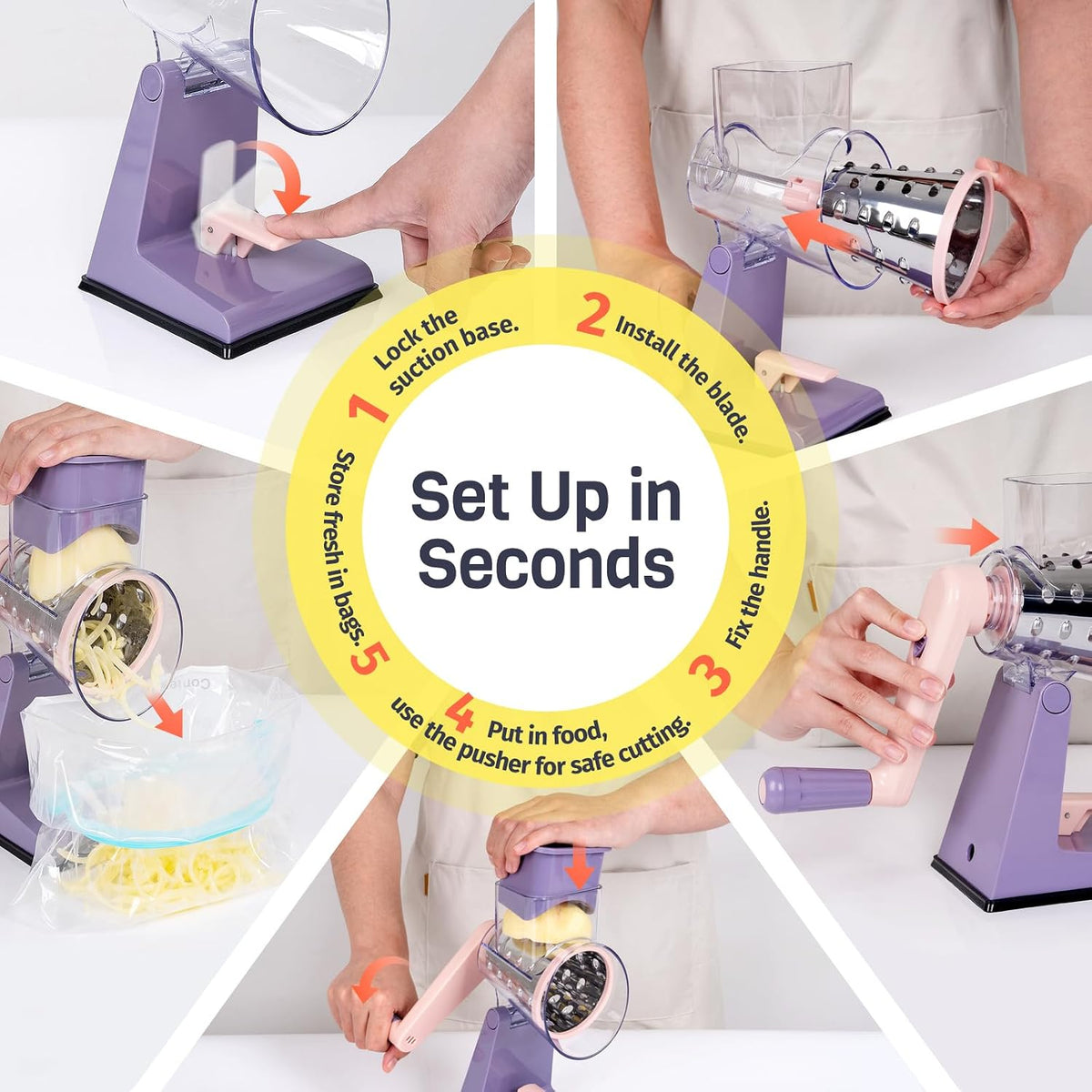 Upgraded Rotary Cheese Grater, Hand Crank, Pinkish Purple