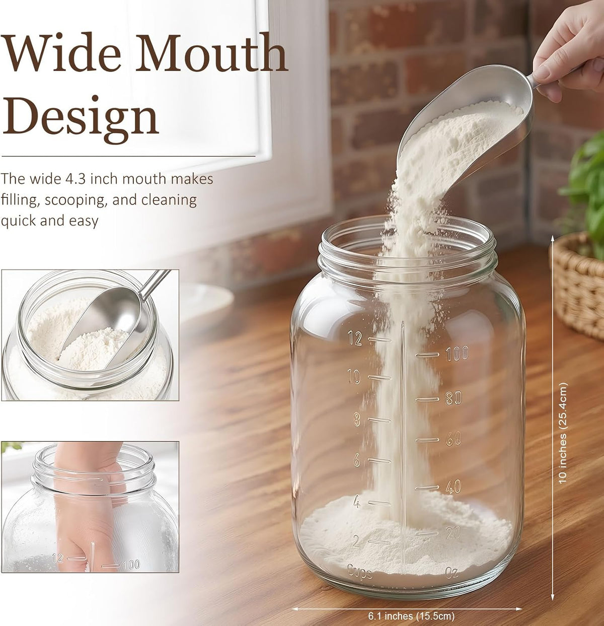 2 Pack Glass Flour Sugar Storage Containers with Acacia Wooden Lid, 1 Gallon Glass Jars with Airtight Lid, Wide Mouth Large Mason Jars 128oz for Rice, Pasta, Oats, Coffee Storage