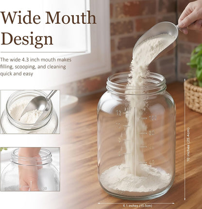 2 Pack Glass Flour Sugar Storage Containers with Acacia Wooden Lid, 1 Gallon Glass Jars with Airtight Lid, Wide Mouth Large Mason Jars 128oz for Rice, Pasta, Oats, Coffee Storage