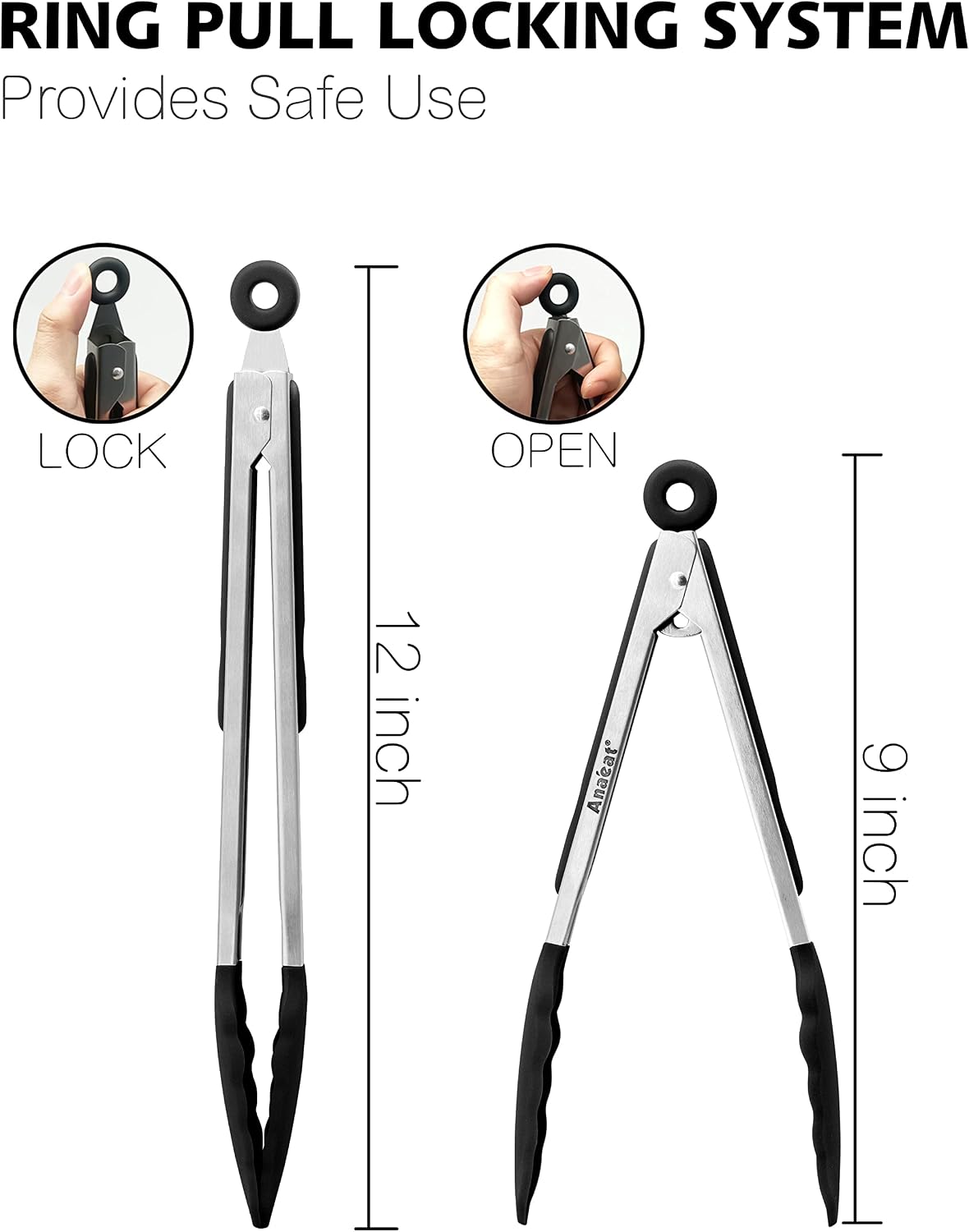 Anaeat Premium Kitchen Locking Tong Set of 3 - Heavy Duty Stainless Steel Food Tongs with Long Handle & Non-Slip Silicone Grip for Cooking, Baking, Grilling - Heat Resistant up to 480°F