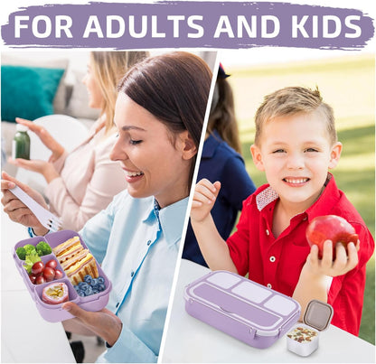 QQKO Bento Lunch Box for Kids Girls Boys, Toddler Kids Lunch Boxes for School, Lunch Containers for Adults with 4 Compartments, Sauce Container, Utensils, Food Picks and Muffin Cups, Purple
