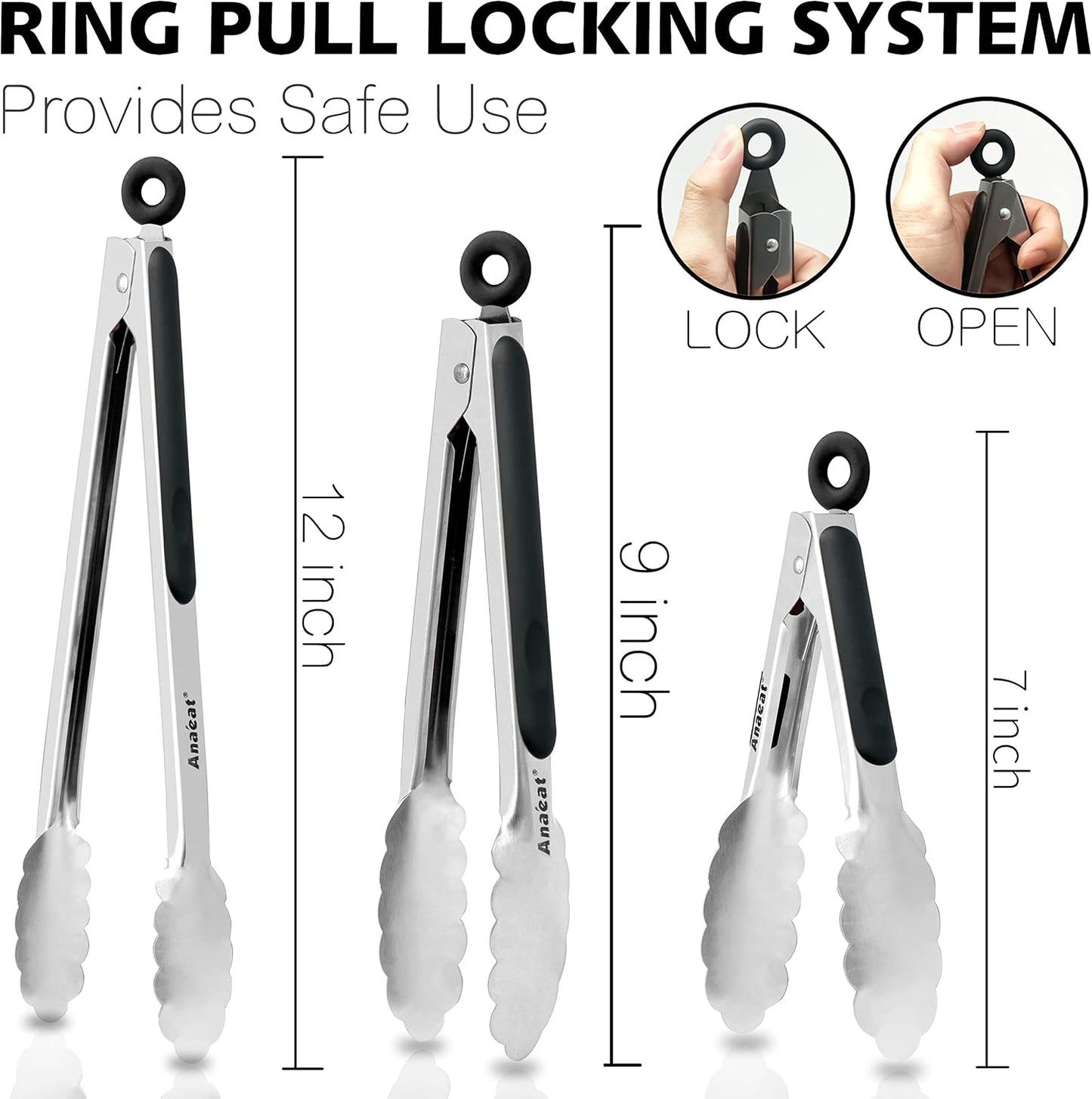 Anaeat Premium Kitchen Locking Tong Set of 3 - Heavy Duty Stainless Steel Food Tongs with Long Handle & Non-Slip Silicone Grip for Cooking, Baking, Grilling - Heat Resistant up to 480°F