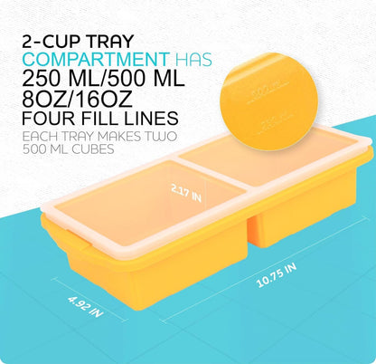 Silicone Freezer Tray With Lid-Soup Freezer Container molds-Large Ice Cube Tray Set Makes 1-Cup & 2-Cup portions cubes Perfect for preparing meals in different portion sizes Oven & Dishwasher -Safe