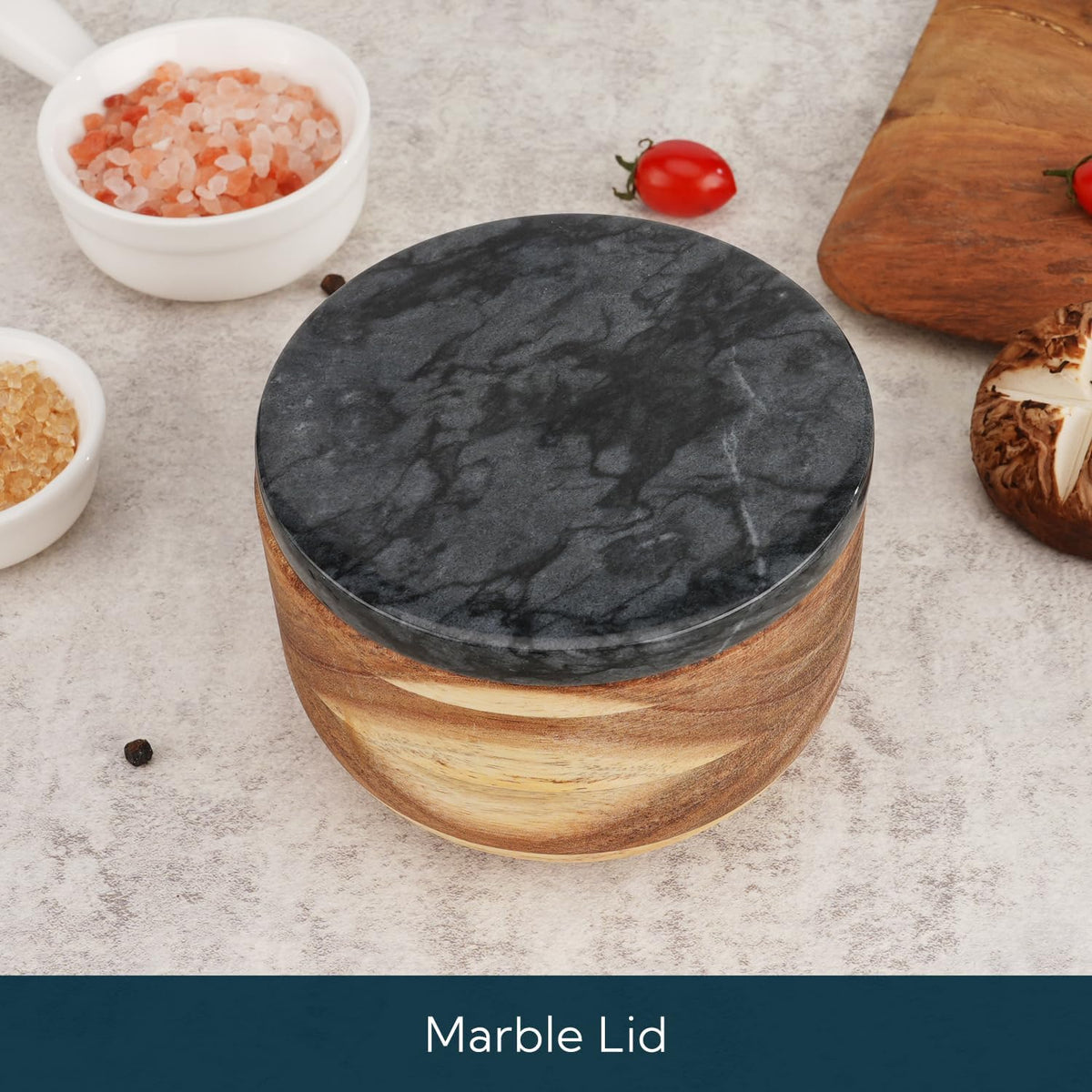 KITCHENDAO Large Acacia Salt Cellar Box Bowl with Built-in Spoon and Marble Lid, Solid Natural Acacia Wood Bath Sea Salt Container, Grey Marble Lid, Pepper Sealer Pinch Bowl, 10oz Capacity