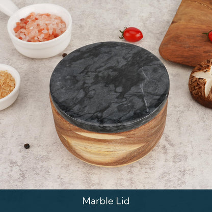 KITCHENDAO Large Acacia Salt Cellar Box Bowl with Built-in Spoon and Marble Lid, Solid Natural Acacia Wood Bath Sea Salt Container, Grey Marble Lid, Pepper Sealer Pinch Bowl, 10oz Capacity
