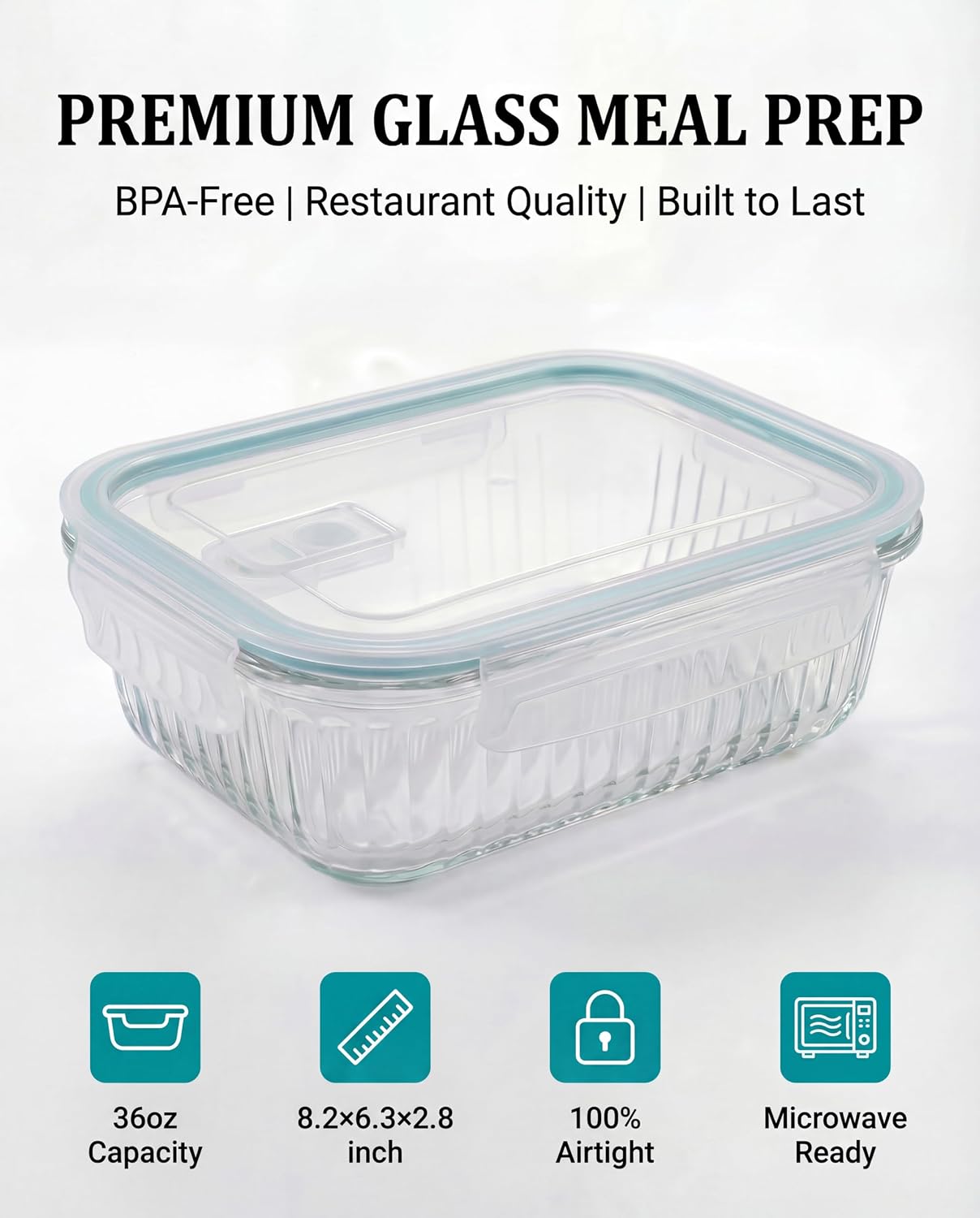 5-Packs, 36 Oz Glass Meal Prep Containers with Snap Locking Lids Glass Food Containers,Airtight Lunch Container,Microwave, Oven, Freezer and Dishwasher