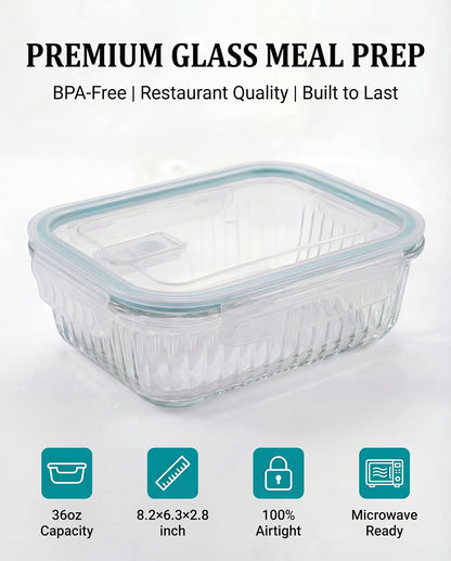 5-Packs, 36 Oz Glass Meal Prep Containers with Snap Locking Lids Glass Food Containers,Airtight Lunch Container,Microwave, Oven, Freezer and Dishwasher