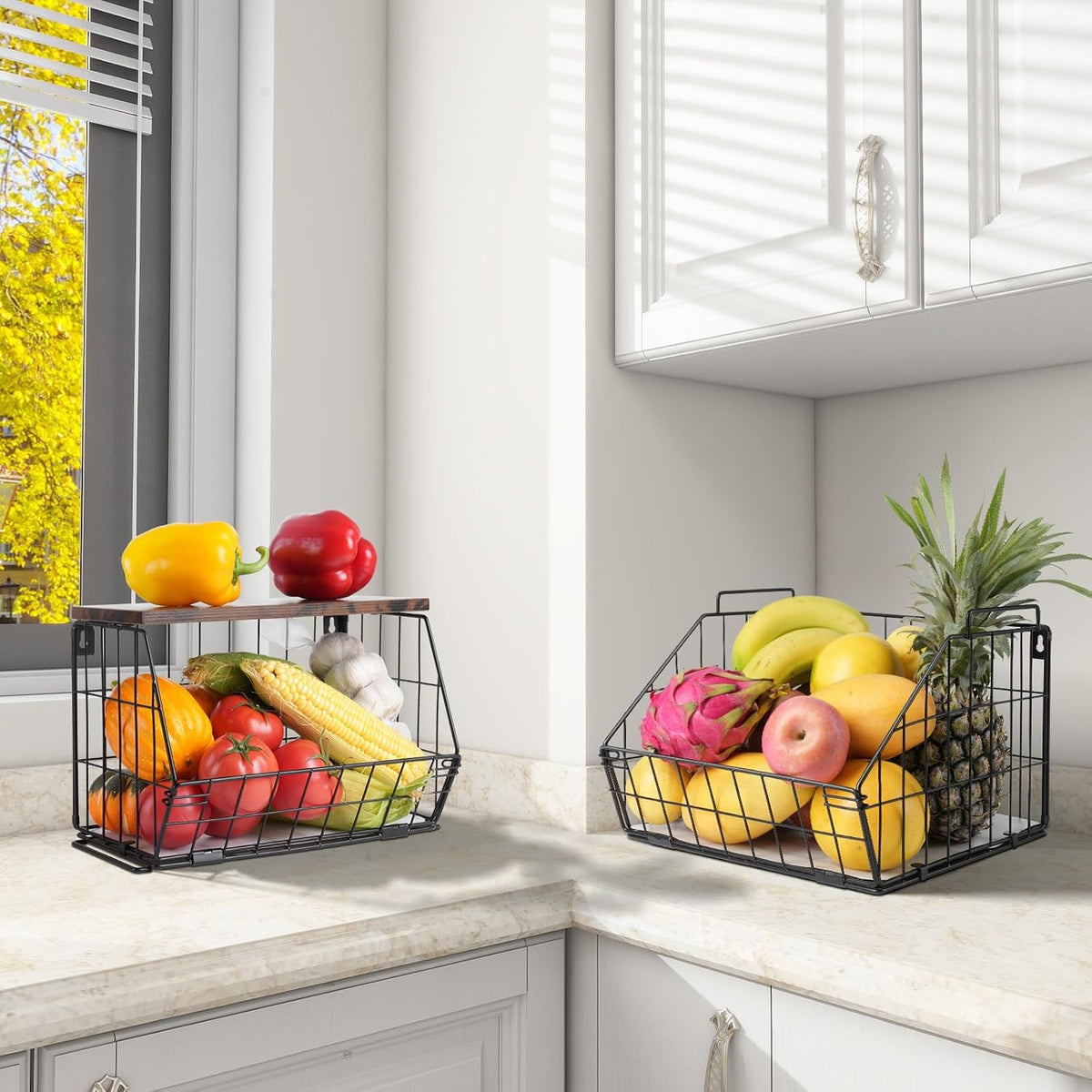 White Fruit Bowl Wire Basket Storage Pantry Fruit and Vegetable Storage Fruit Basket for Kitchen Counter Stackable Wall Mounted Hanging Basket Wire Basket with Wood Lid with Hanger Hooks